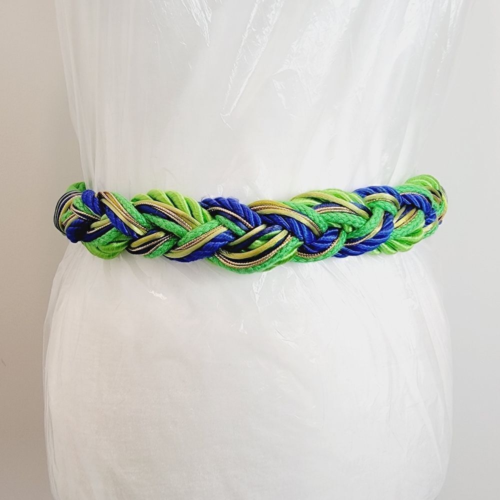 Vintage 80s Style Green Blue Braided Fabric Adjustable Belt 37"L Size Small